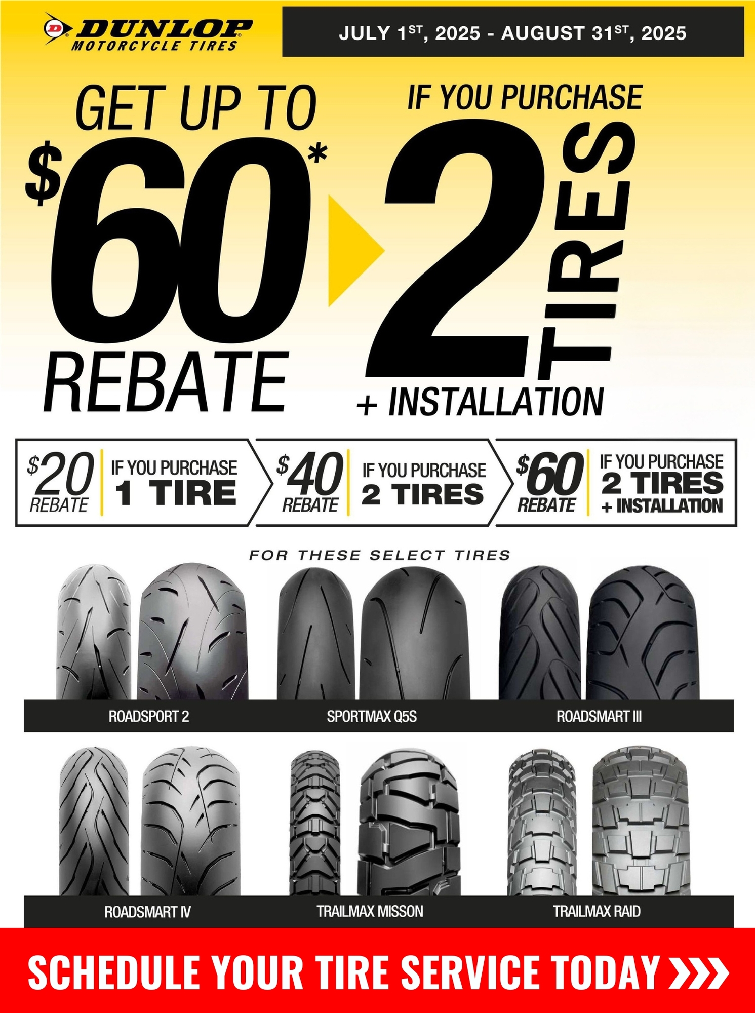 Get up to $60 off Dunlop tires when you buy 2 plus installation at 2Brothers Powersports in Onalaska, Wisconsin. Schedule your service today.