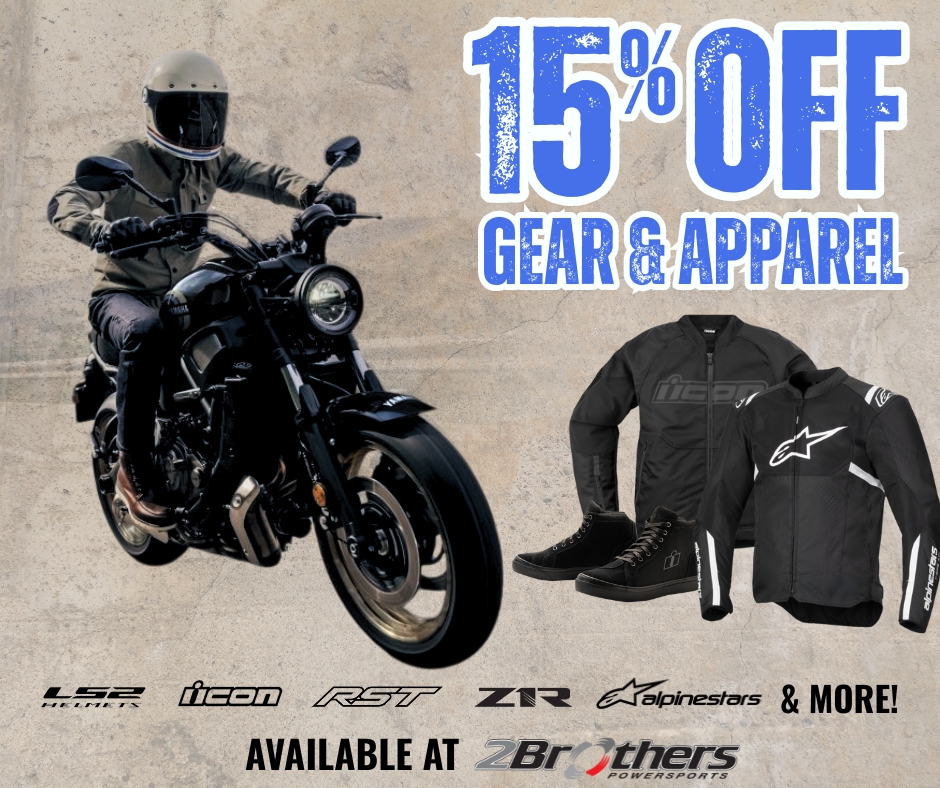 15% off gear and apparel at 2Brothers Powersports from top brands like brands like LS2, ICON, Alpinestars, RST, and Z1R.